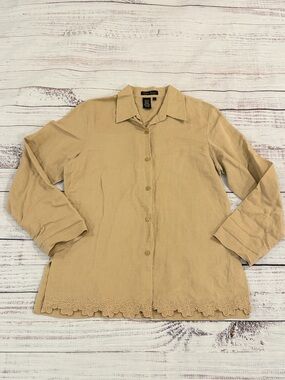 Vintage 90s Rori Ann 55% Linen 45% Cotton Blouse Long Sleeve Floral Embroidered
